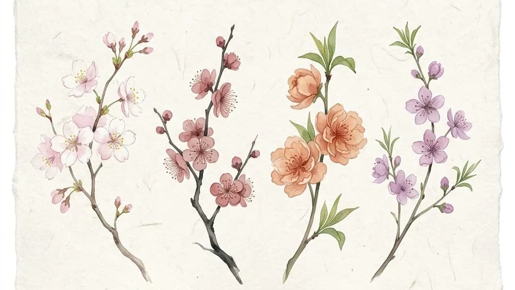 Four distinct flowering branches representing Oubaitori