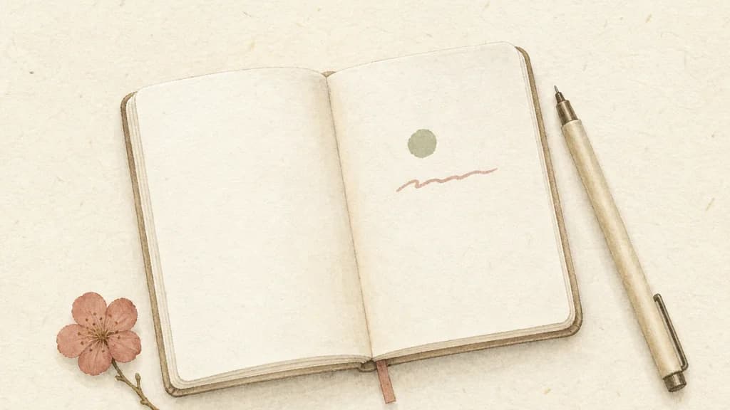 Open notebook beside a pen and a fallen blossom