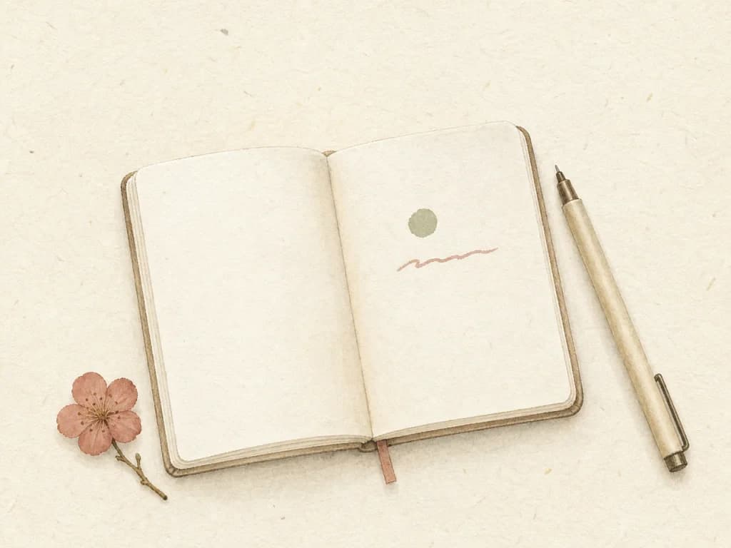 Open notebook beside a pen and a fallen blossom