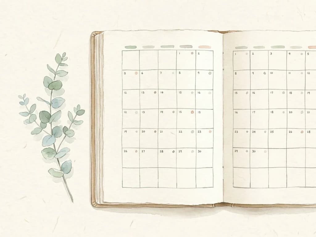 Open bullet journal calendar beside eucalyptus leaves