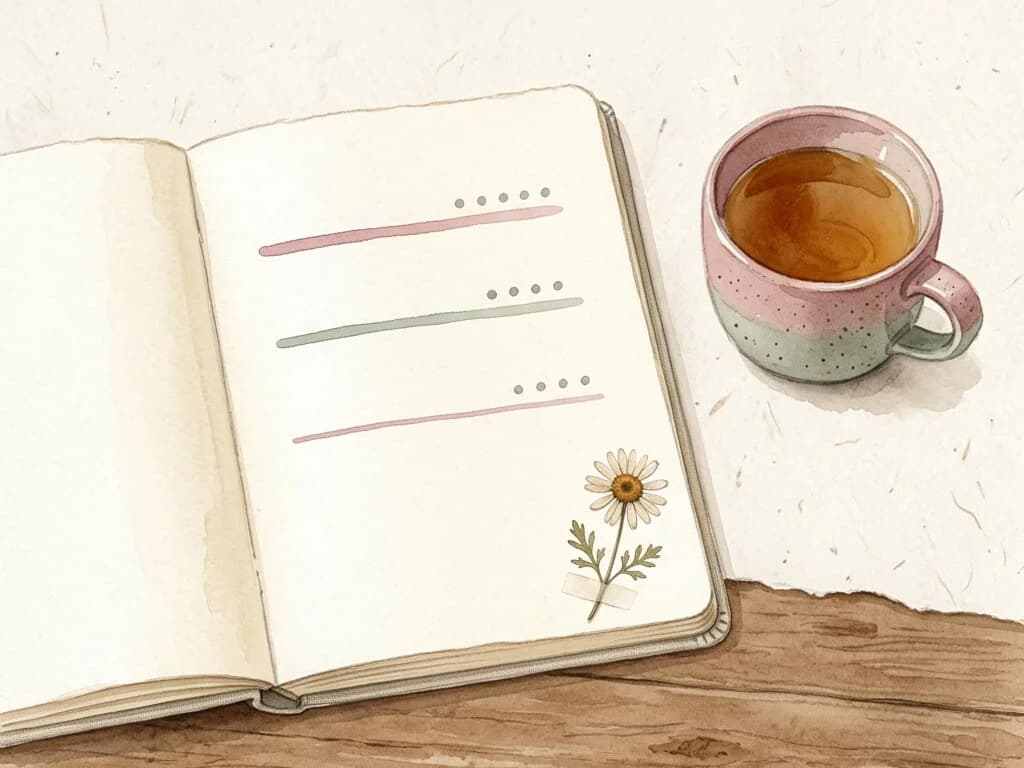 Open journal with short prompts beside a cup of tea