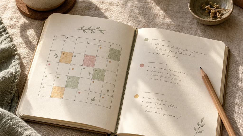Open notebook with a muted monthly grid and handwritten notes on a linen table