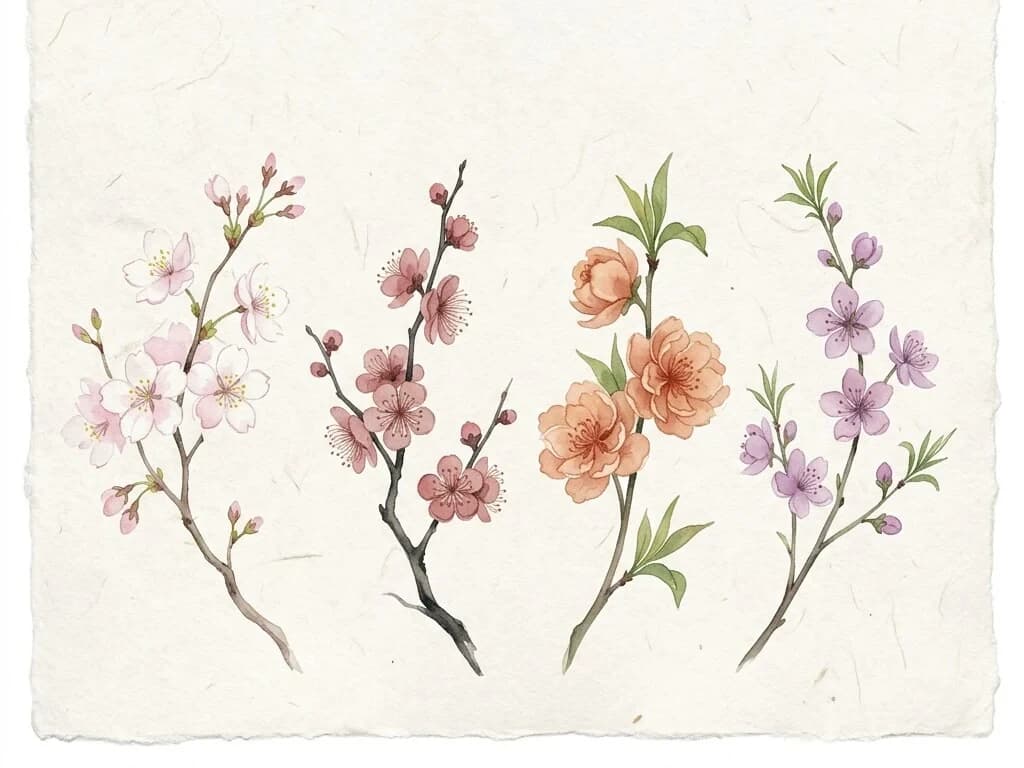 Four distinct flowering branches representing Oubaitori